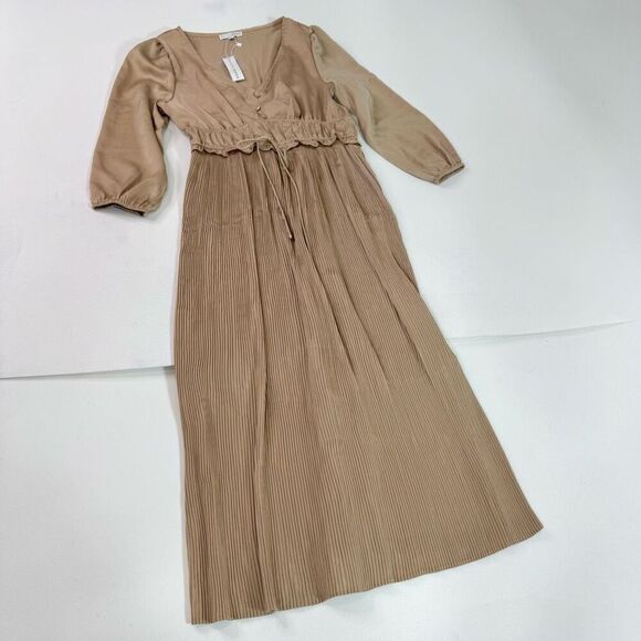 Baltic Born Maxi Dress Womens Small Tan Venus Pleated Long Sleeve Old Money New* - Picture 1 of 11